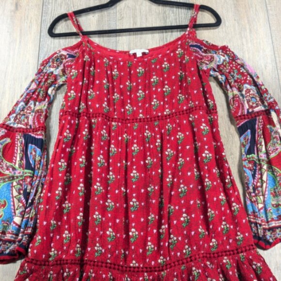 Patrons of Peace Dress Womens Large Red Floral Print Wide Sleeve Flowy BOHO - Picture 1 of 11